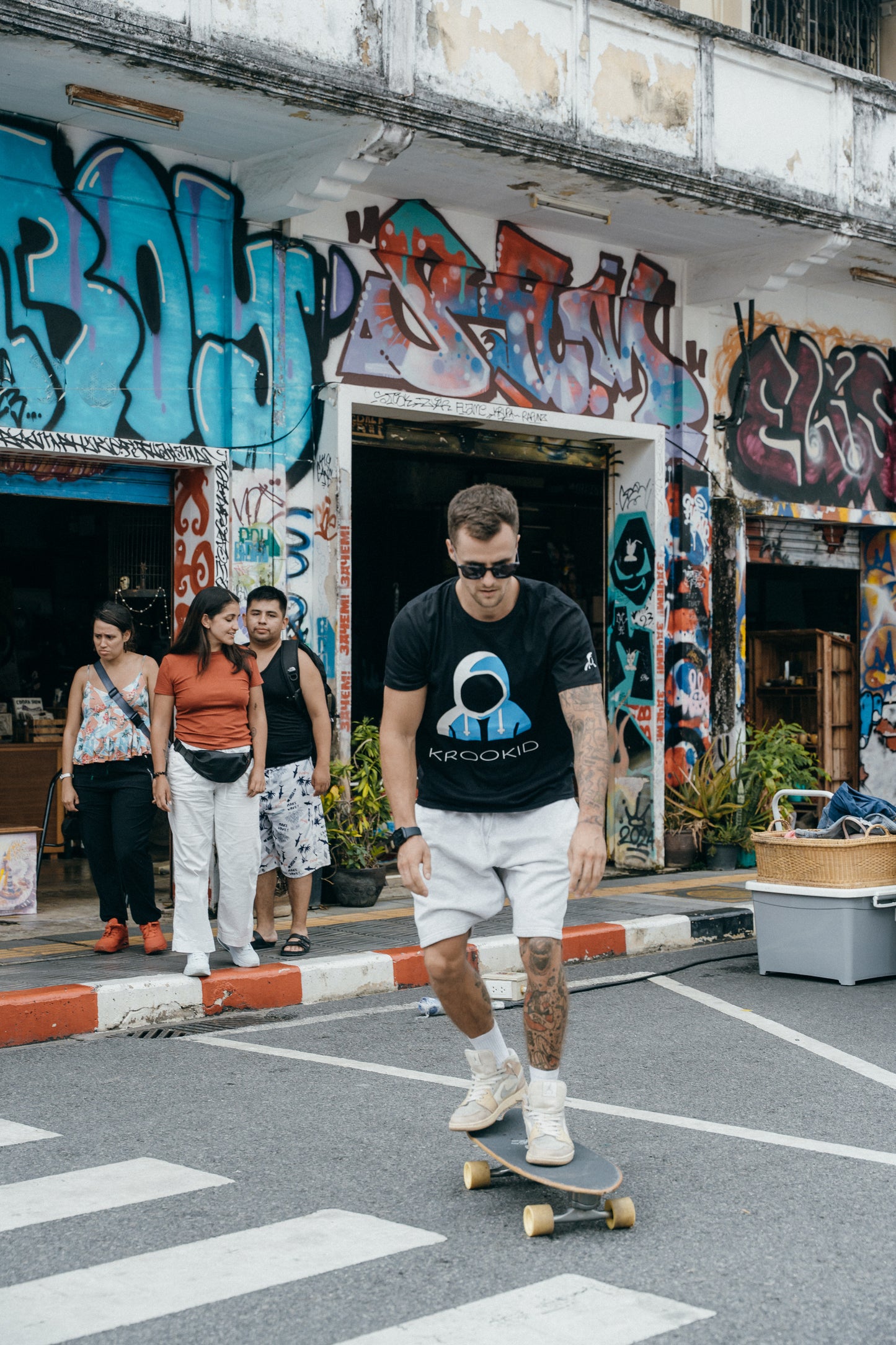 Krookid Signature Tee Dual Stripe White and Sky Blue - Short sleeve T-shirt
